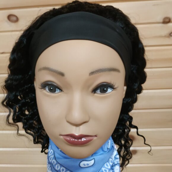14" Real Human Hair Deep Wave Headband Wig, Black - Picture 3 of 7